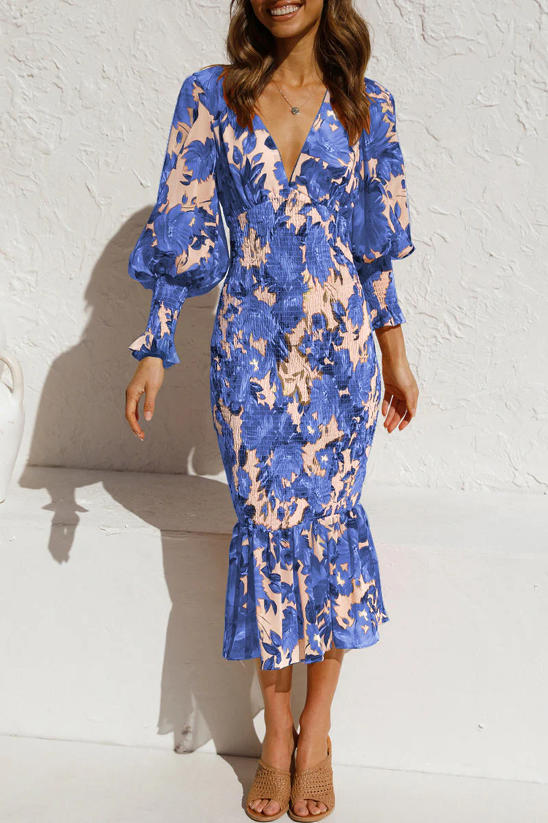 Elegant Floral Print Midi Dress with V-NeckClistos
