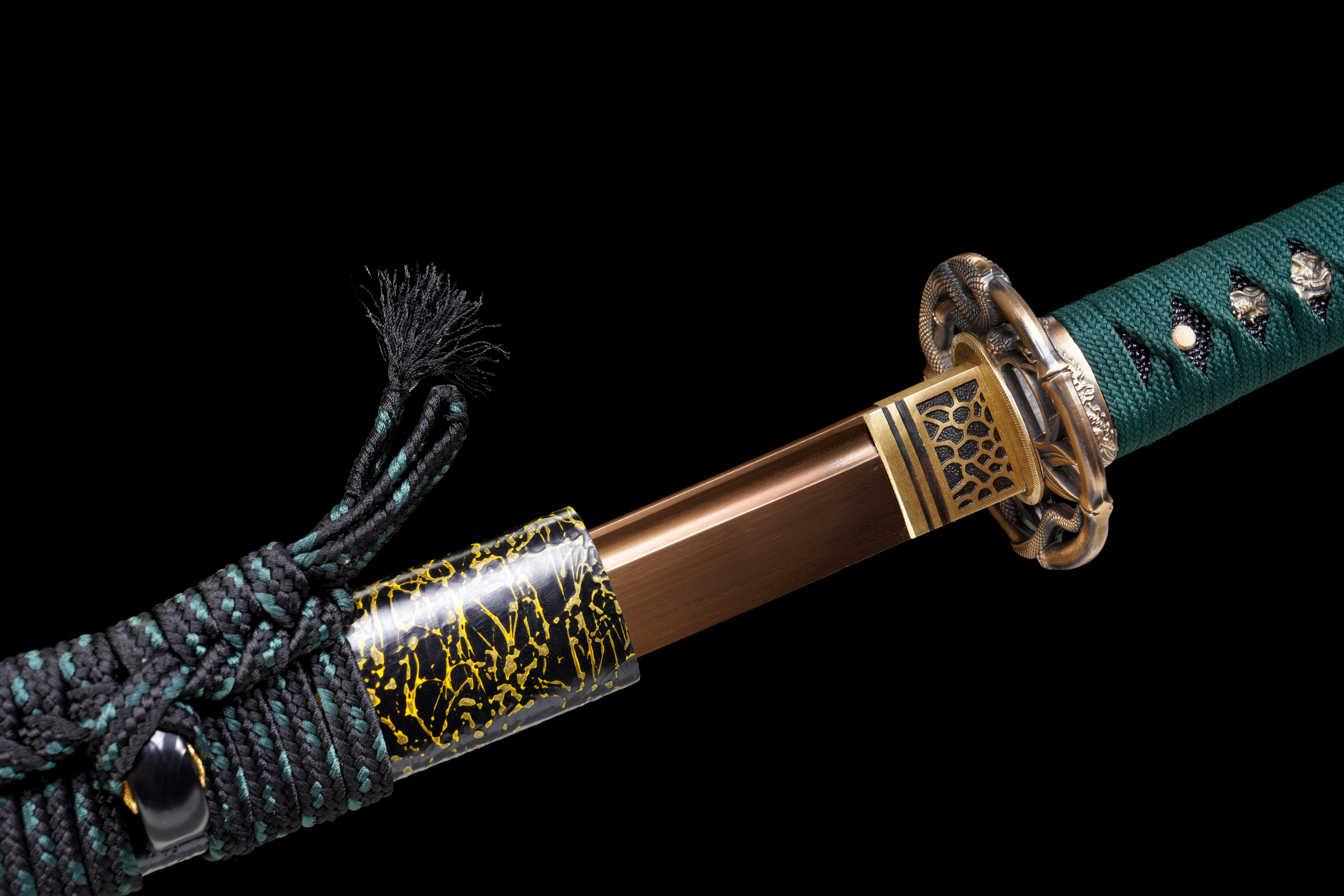 Kinja Katana - Hand Forged One-Piece Damascus Blade, Full Tang, Baked Gold (Golden Snake)