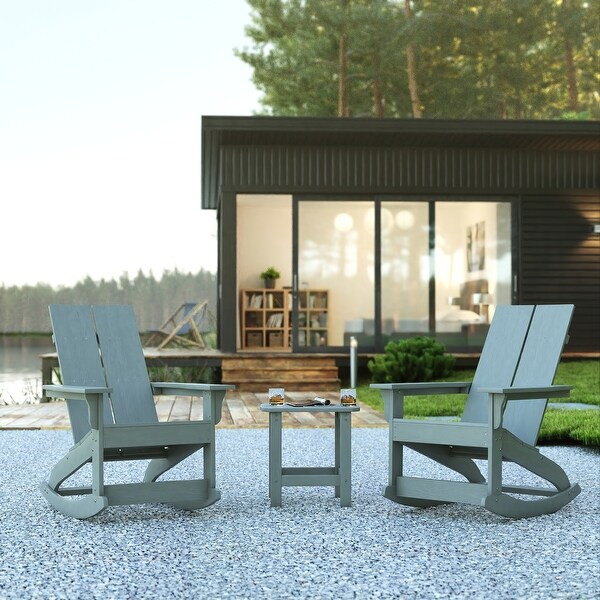 2 Modern Dual Slat Poly Resin Adirondack Rocking Chairs with Side Table