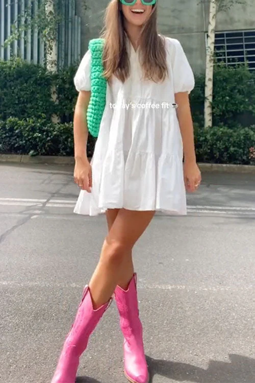 Puff Sleeve Tiered Shirt DressClistos