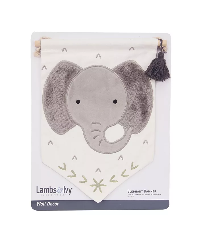 Lambs and Ivy Elephant Canvas Banner Nursery Wall Art   Wall Hanging - White Gray