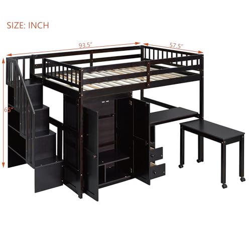 Harper & Bright Designs Twin Size Loft Bed with Stairs and Bookshelf, Wood Twin Storage Bed with Desk & Wardrobe, Space-Saving Multifunctional Furniture for Kids & Teens - Gray