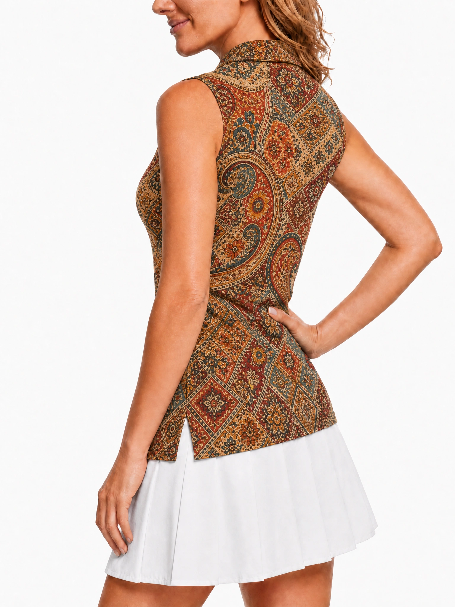 Women Sleeveless Quick Dry Golf Polo Shirt, Vintage Paisley Mosaic Print