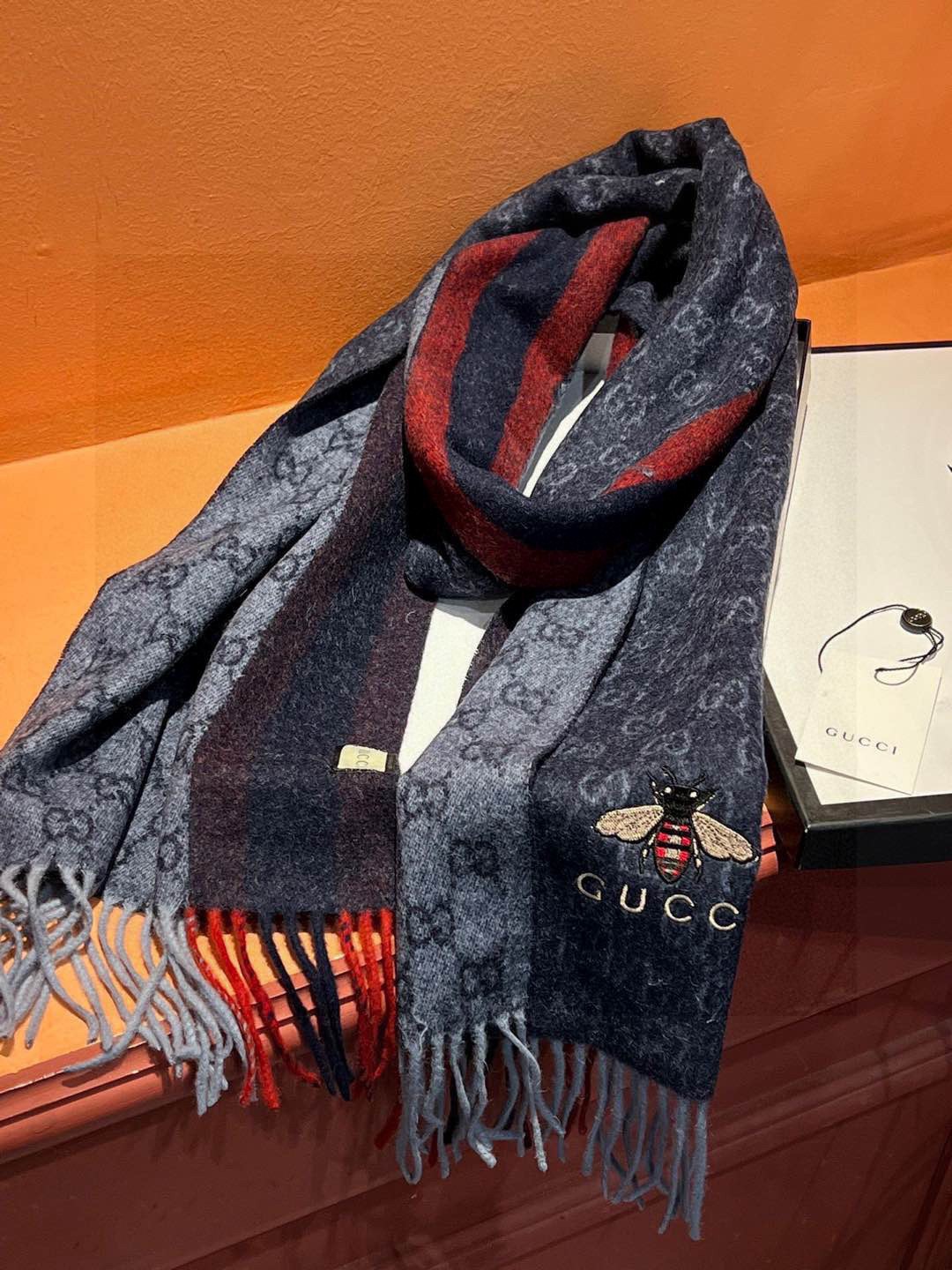 Gucci Cashmere Scarf Stripe Blue Red For Women 190cm