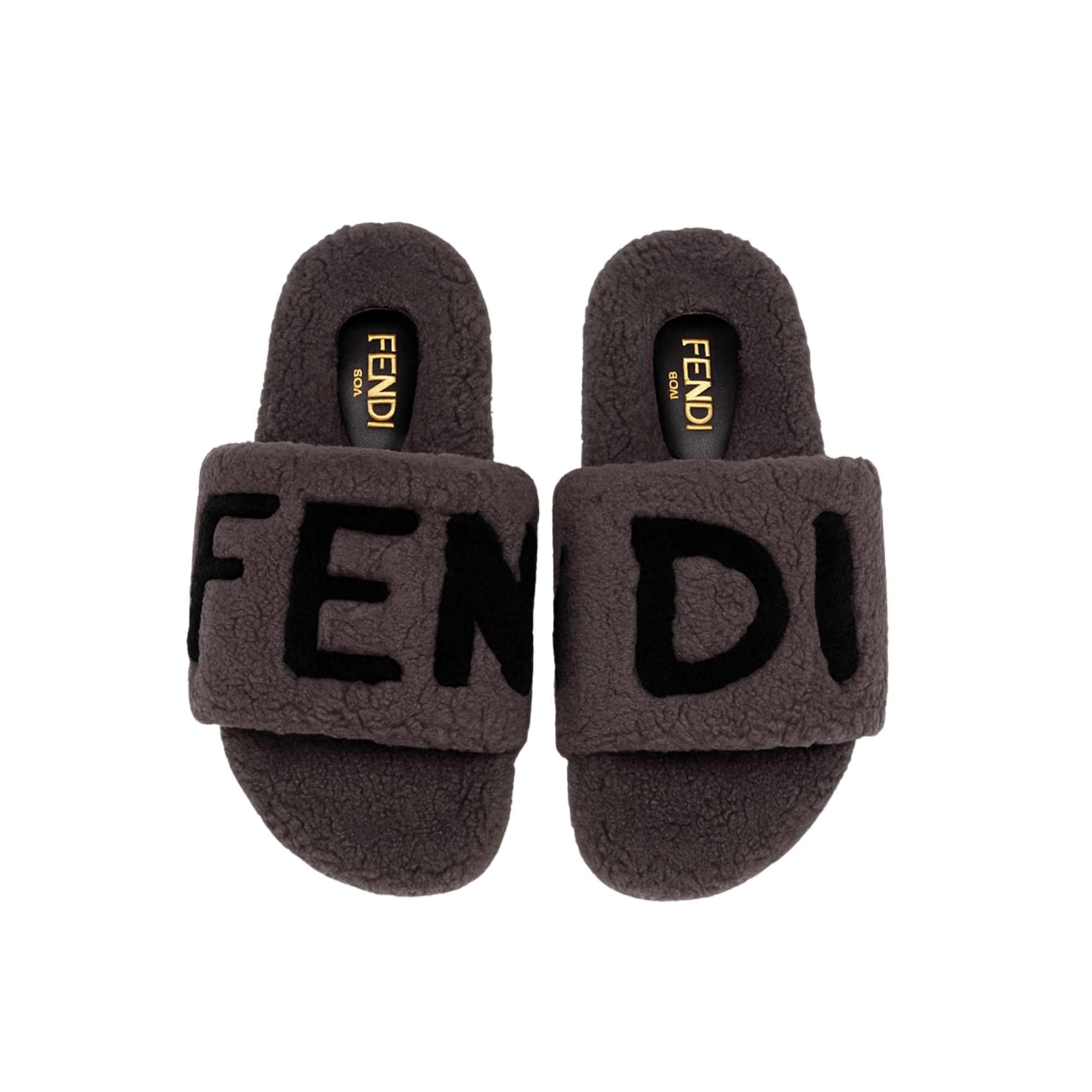 Fendi Fleece Black Text Slippers Grey