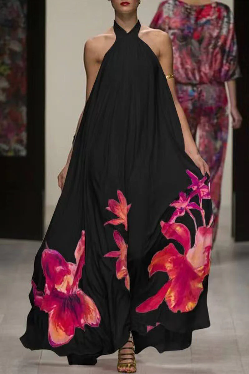 Floral Halter Maxi Dress - Flowy SleevelessClistos
