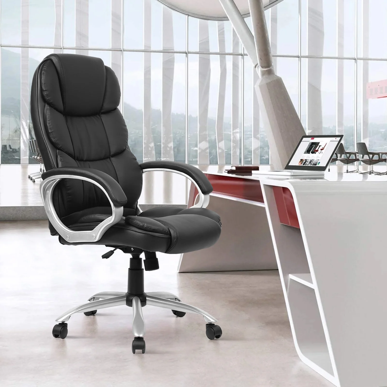 NiamVelo Executive Office Chair PU Leather Computer Desk Chair Adjustable Backrest with Lumbar Support for Adults, Black