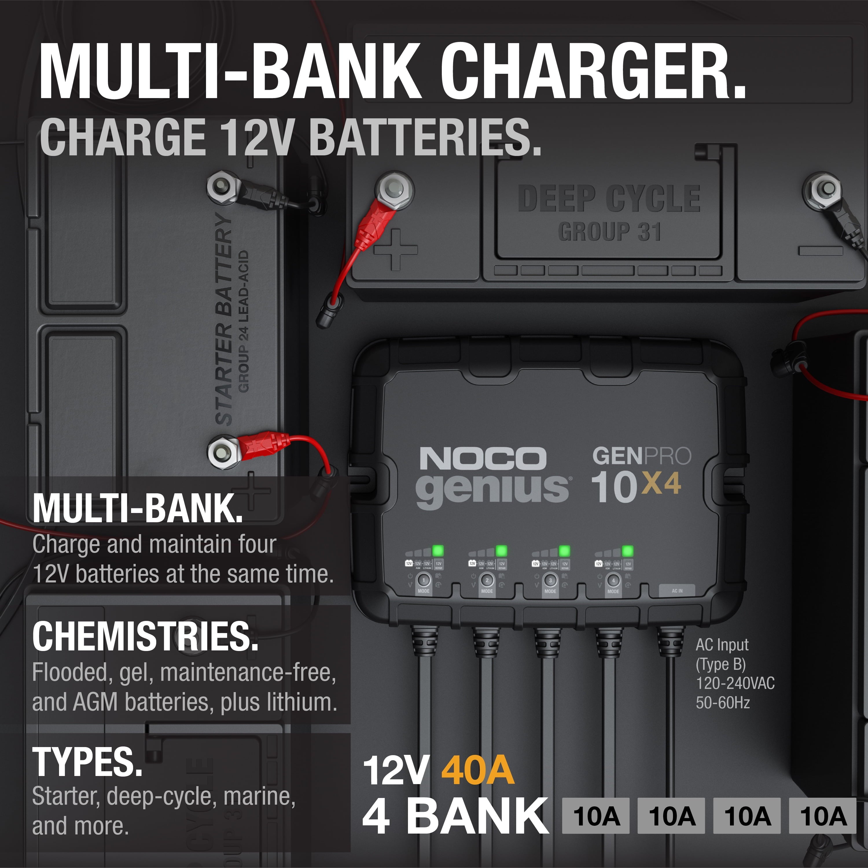 NOCO Genius GENPRO10X4 4-Bank 40A (10A/Bank) 12V Onboard Battery Charger