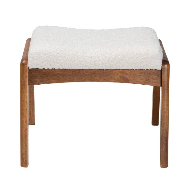 Roxy Boucle Upholstered And Wood Ottoman Footstool Off White walnut Brown Baxton Studio