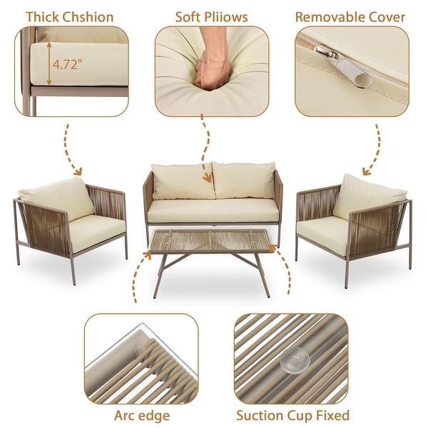 4Piece Rope Sofa Set with Thick CushionsandToughened Glass Table,Beige