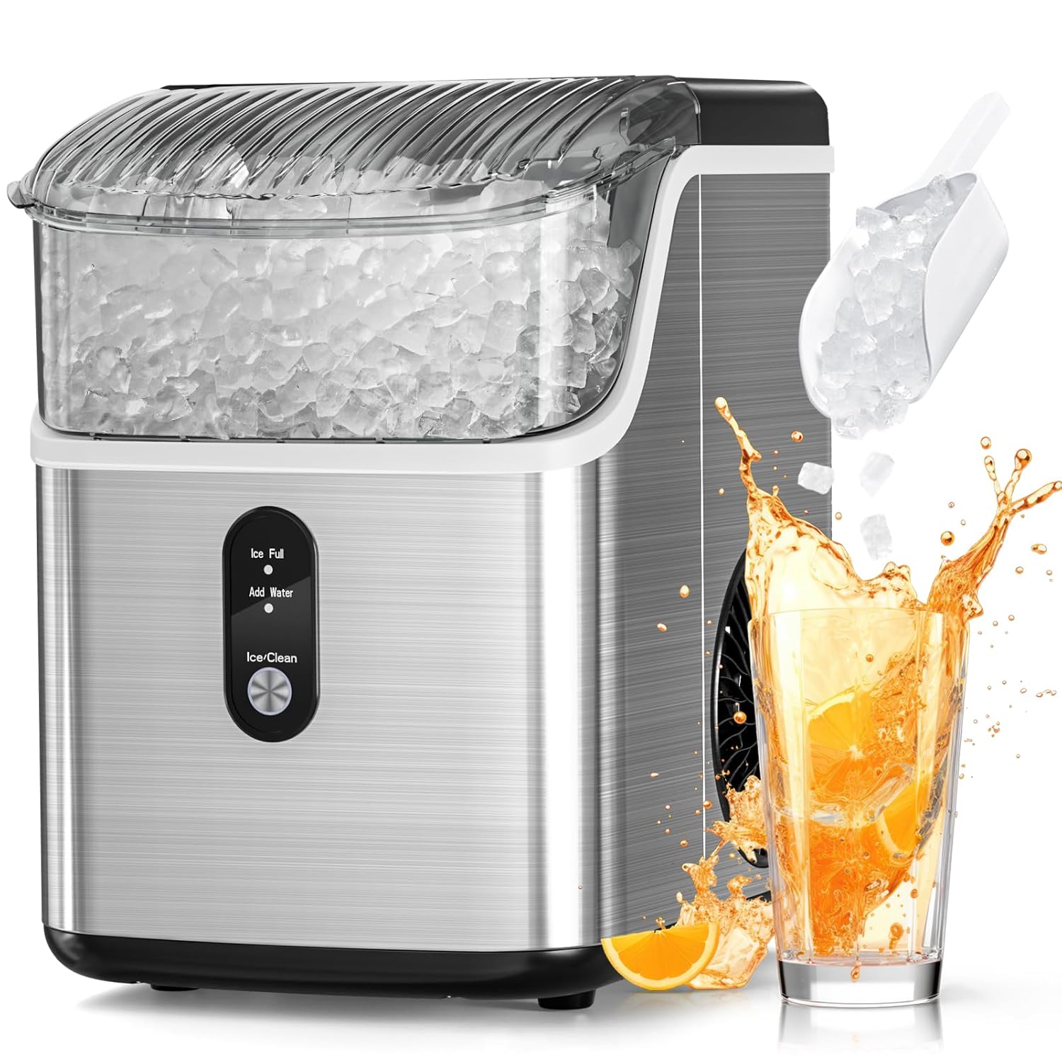 Nugget Ice Makers Countertop, Pebble Ice Machine with Chewable Pellet Ice, 34Lbs/24H, Self-Cleaning, Sonic Ice, One-Click Operation, for Kitchen,Office Stainless Steel Black