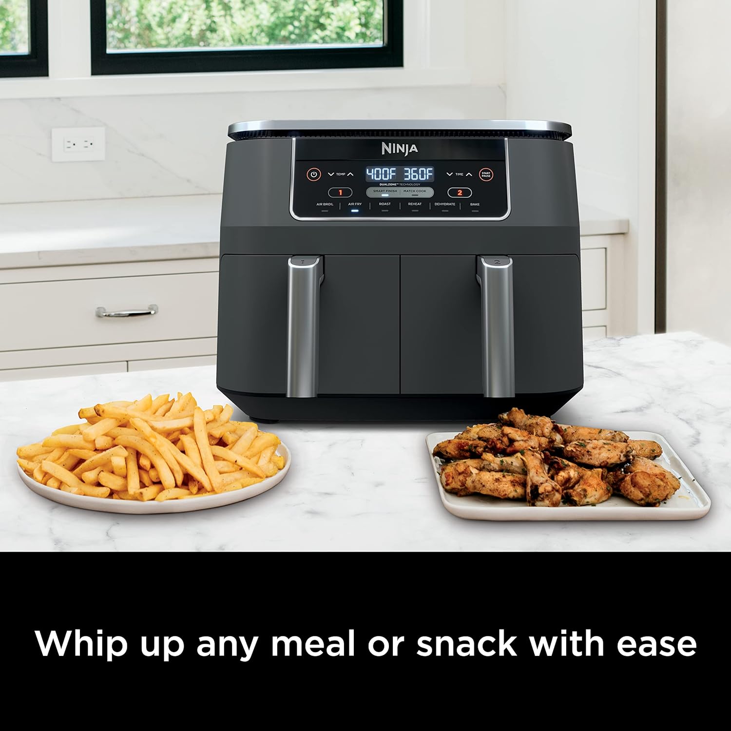 DZ401 Foodi 10 Quart 6-in-1 DualZone XL 2-Basket Air Fryer with 2 Independent Frying Baskets, Match Cook & Smart Finish to Roast, Broil, Dehydrate for Quick, Easy Family-Sized Meals, Grey