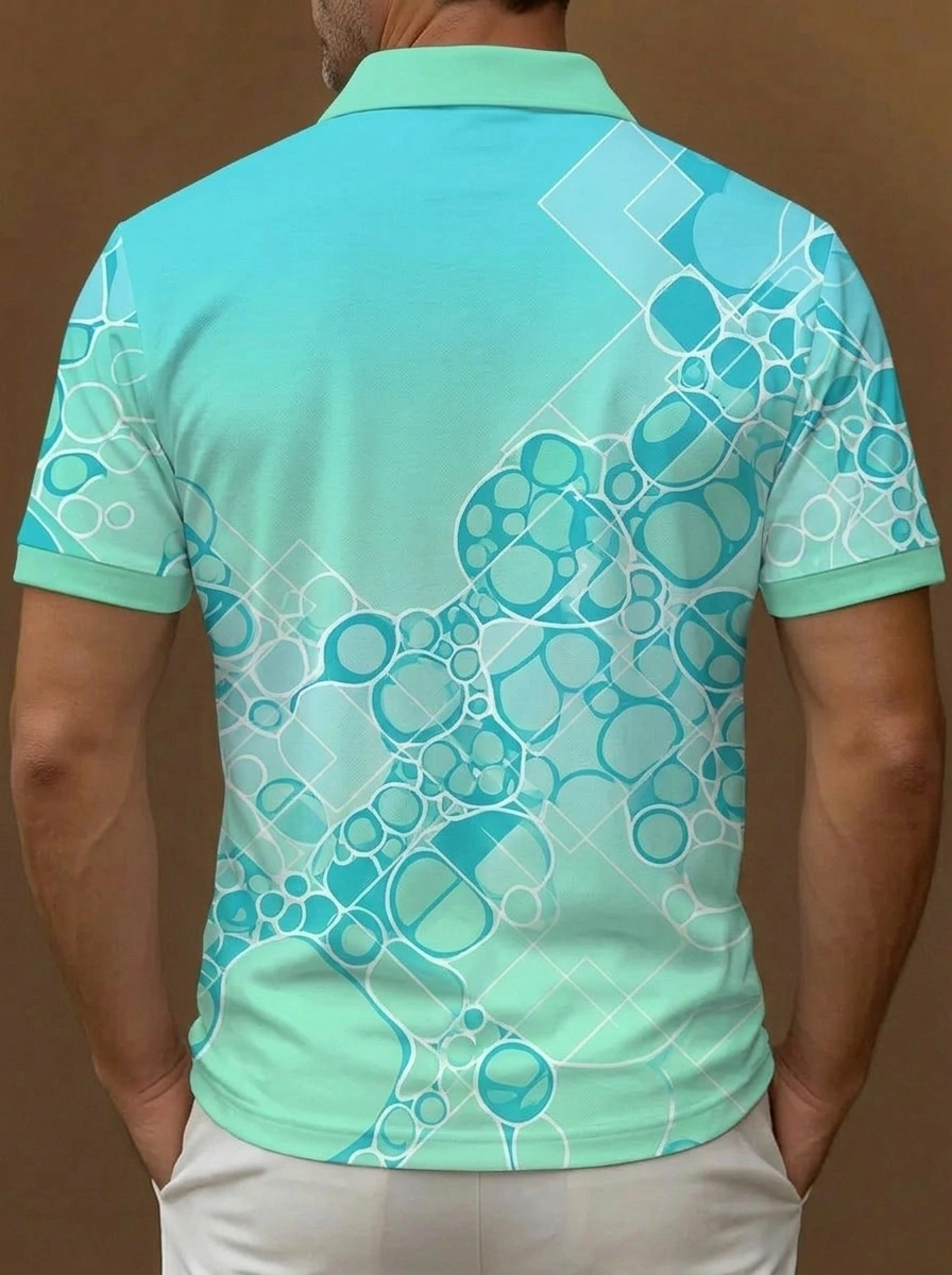 Turquoise Blue Bubble Geometric Print Short Sleeve Golf Polo Shirt