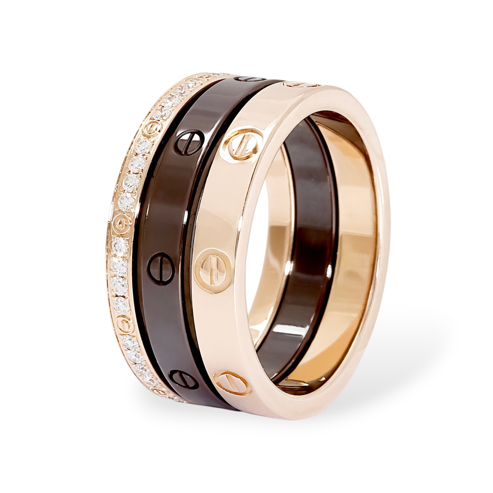 Cartier Love Three Soup Ring 18K Rose Gold & Ceramic Diamond B4097900