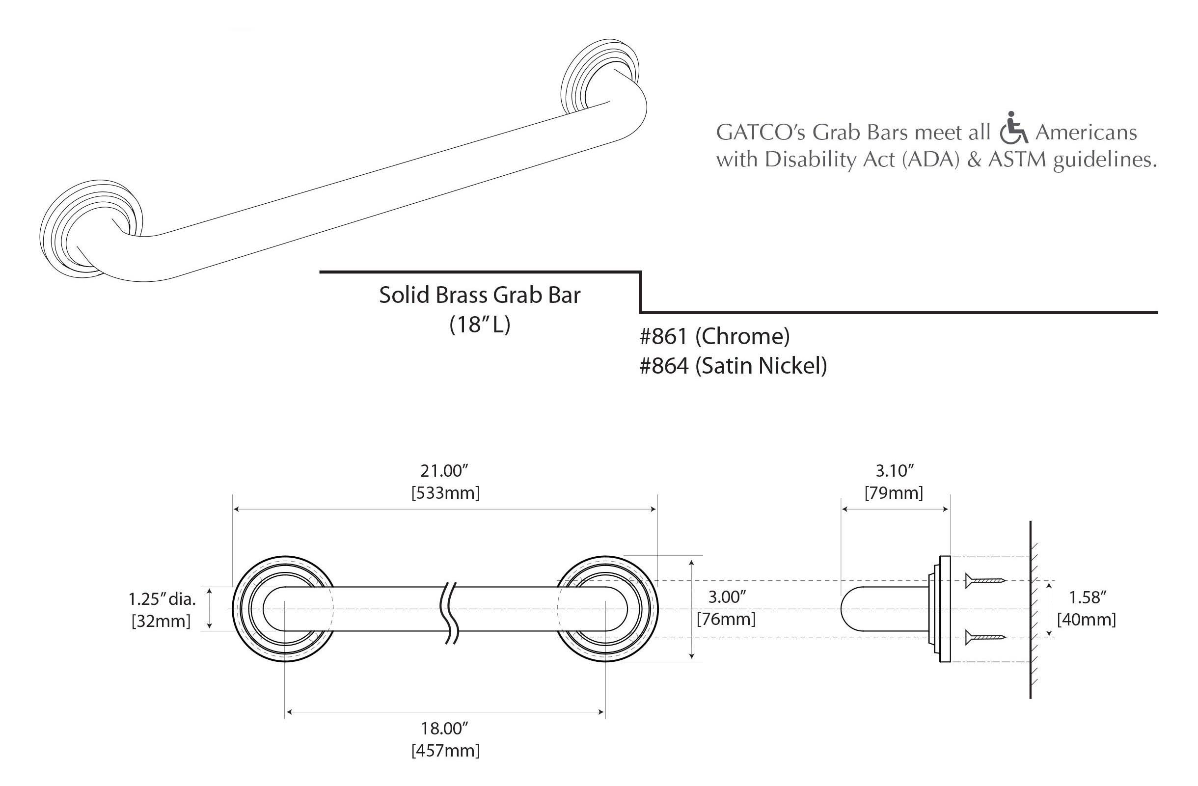 Gatco 864 Marina 18x22 Grab Bar Satin Nickel