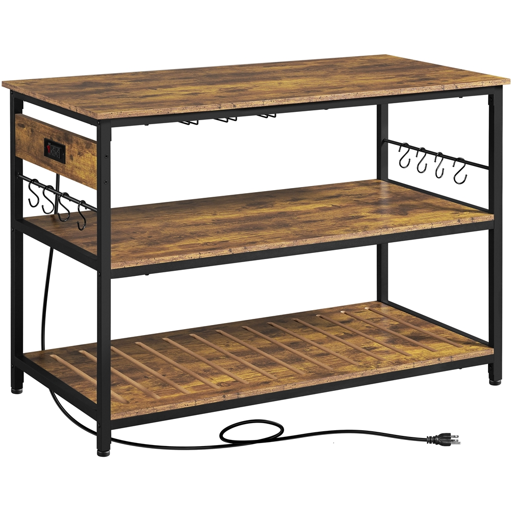 Easyfashion Rolling Kitchen Island with 3 Shelves, Glass Holder and Power Outlets, Rustic Brown
