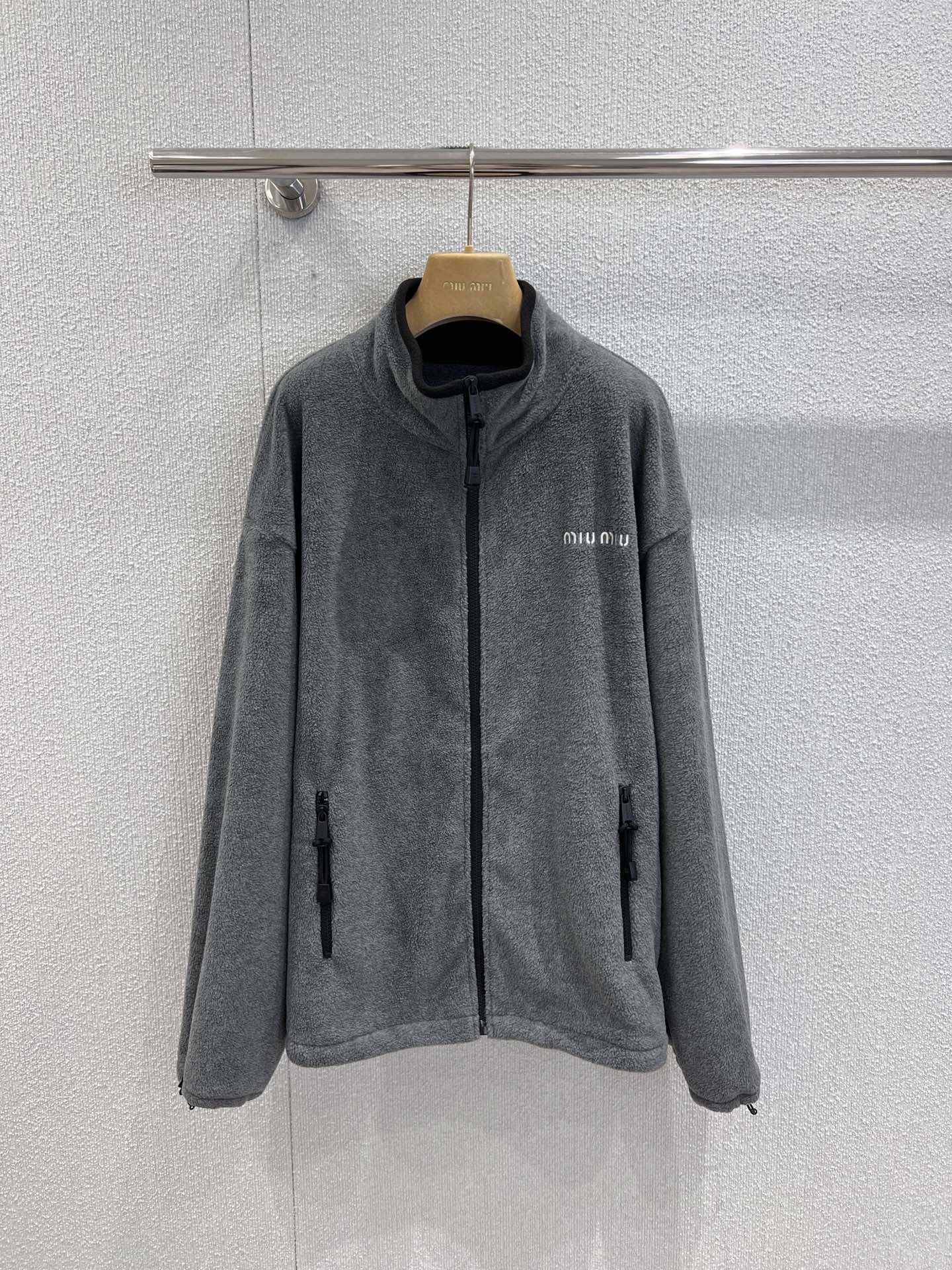 Miu Miu Logo-Embroidered Grey Polar Fleece Jacket - cnluxepick