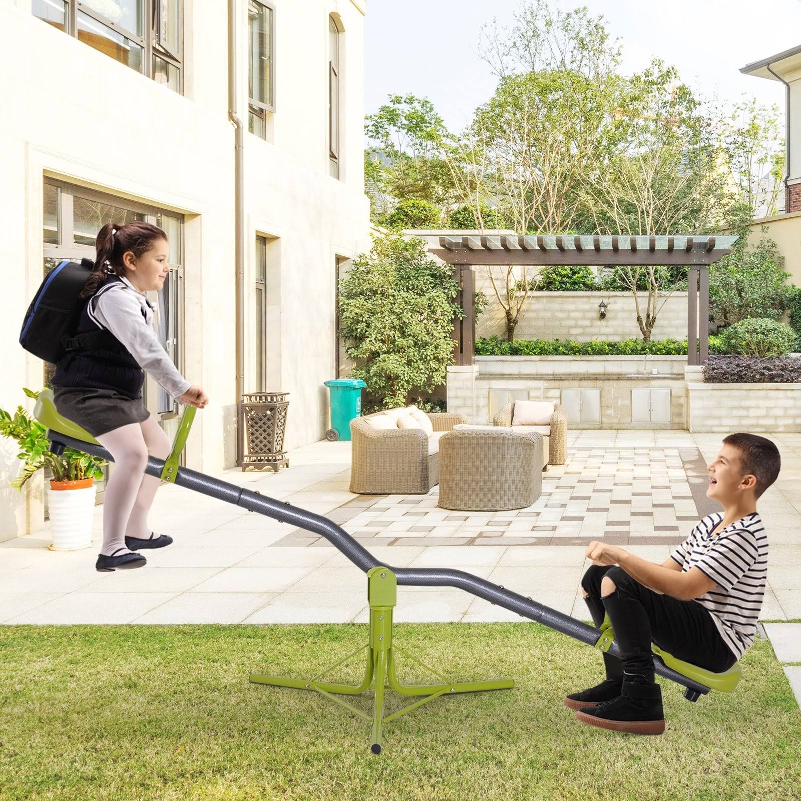 HOMCOM Kids Seesaw Swivel Teeter Totter 70.75x22 L x26.25x22 W x 20.75x22 H, Green u0026 Grey - 70.75x22 L x26.25x22 W x 20.75x2