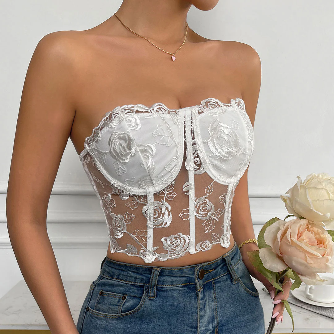 Sheer Embroidered Corset Tube TopClistos