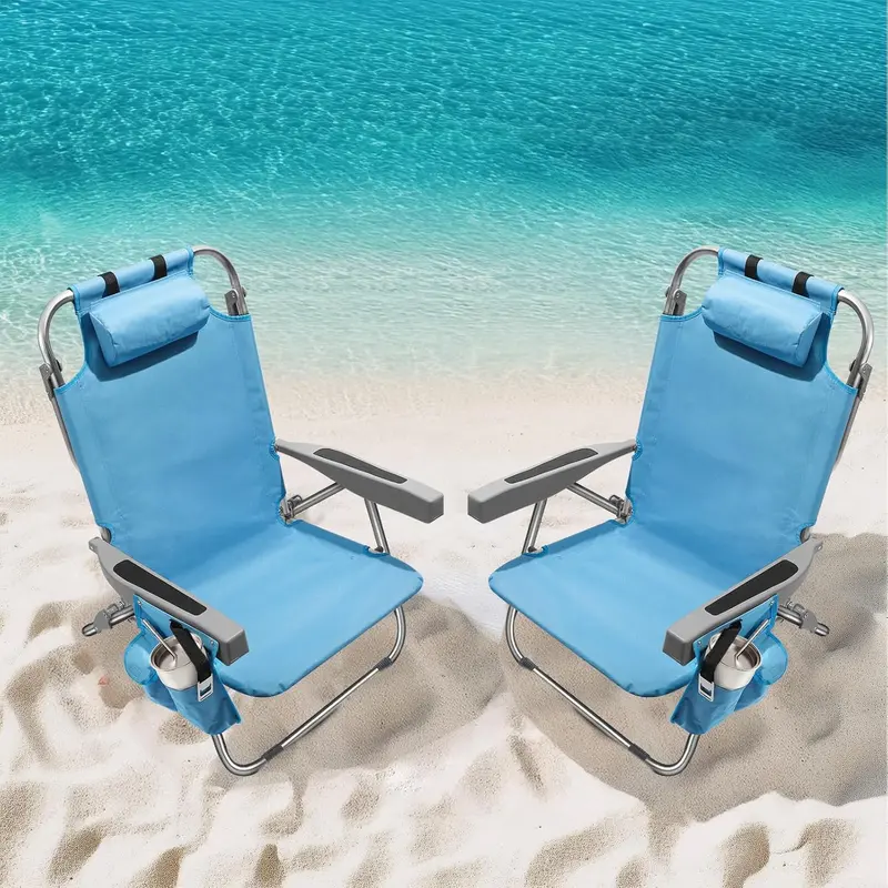Tall Aluminum Beach Chair Set – 2-Pack Foldable, Lightweight Lay-Flat Chairs with Backpack Straps