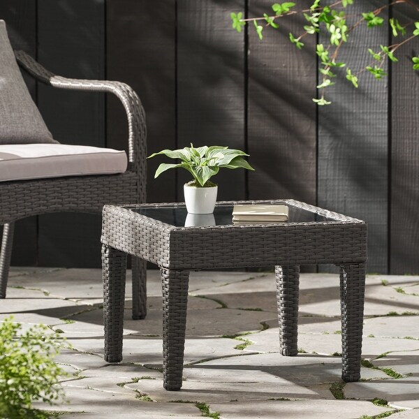 Outdoor Wicker and Iron Side Table with Glass Top,Patio Side Table