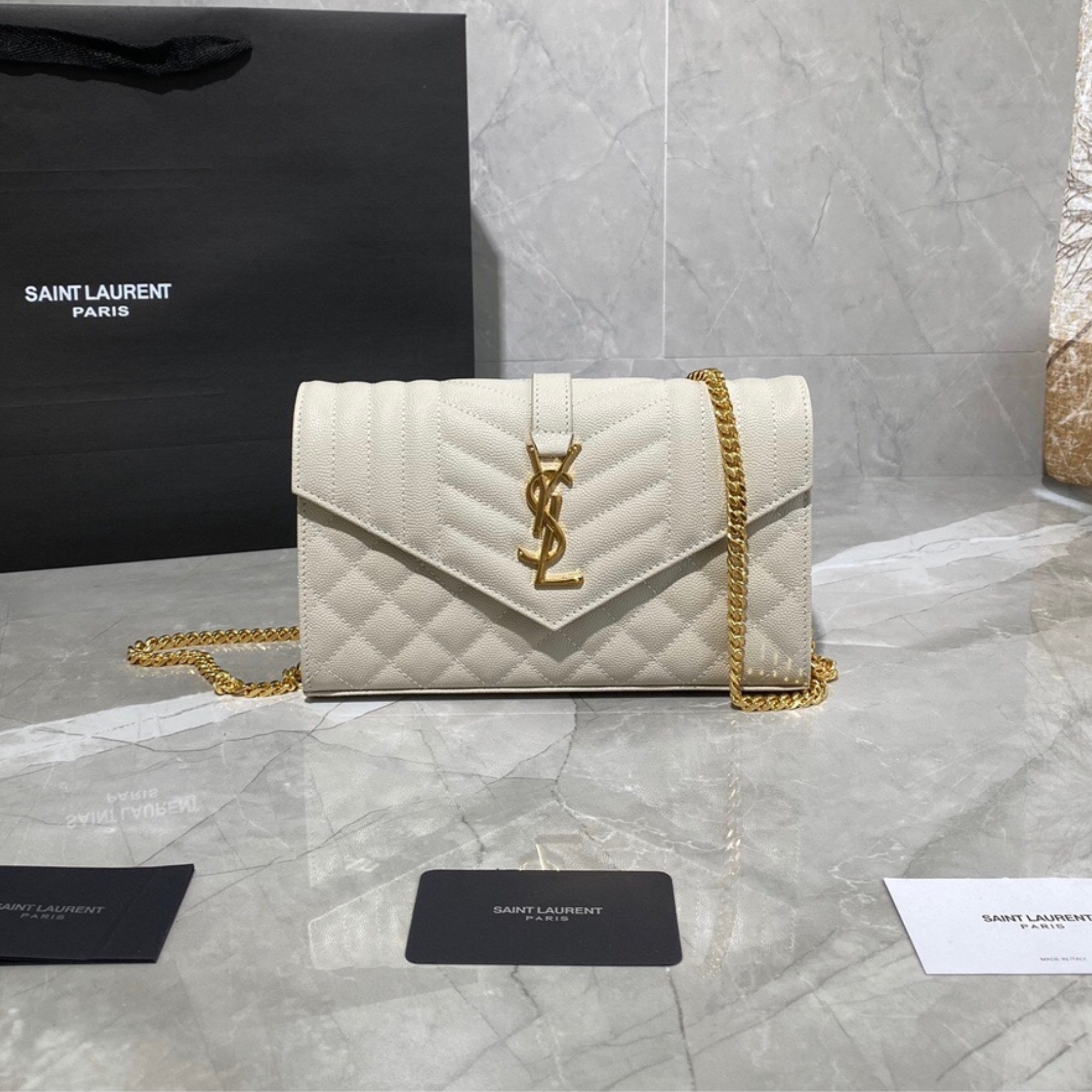 Saint Laurent Envelope Small Bag In Mix Matelasse Grain De Poudre Embossed White