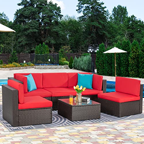 Vongrasig 6 Pieces Outdoor Patio Furniture Set, PE Wicker Rattan Sectional Sofa Patio Conversation Sets with Coffee Table for Garden, Backyard, Poolside (Beige)