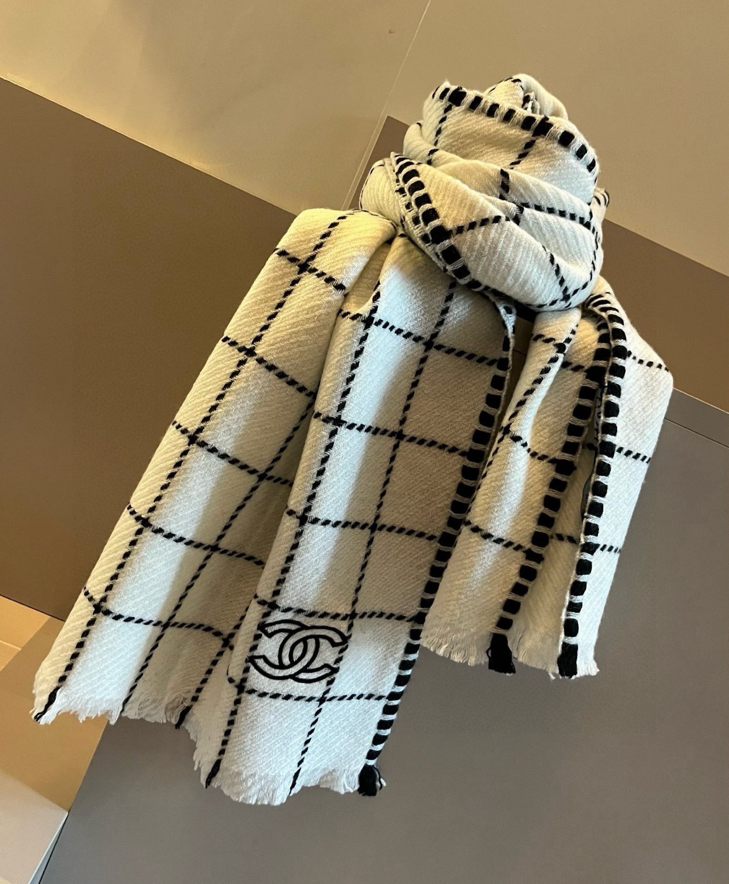 Chanel Cashmere Scarf Checkered White For Women 185cm