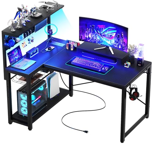 Homieasy Small Gaming Desk with Power Outlets Pegboard LED Light, 43 Inch L Shaped Computer Desk with Monitor Stand Storage Shelves, Reversible Corner Desk with Headset Hooks, Carbon Fiber Black