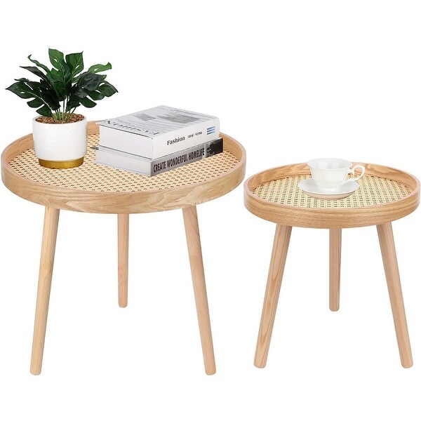 Set of 2,Natural Boho Coffee Table,Mid Century Modern Rattan