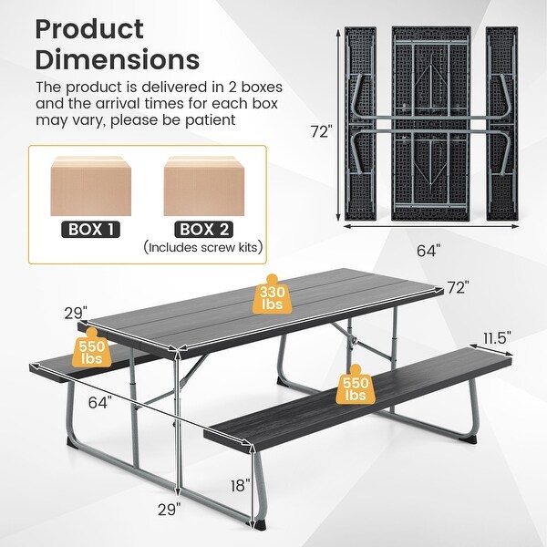 Folding Picnic Table Set with Metal Frame and AllWeather HDPE Tabletop,Umbrella Hole