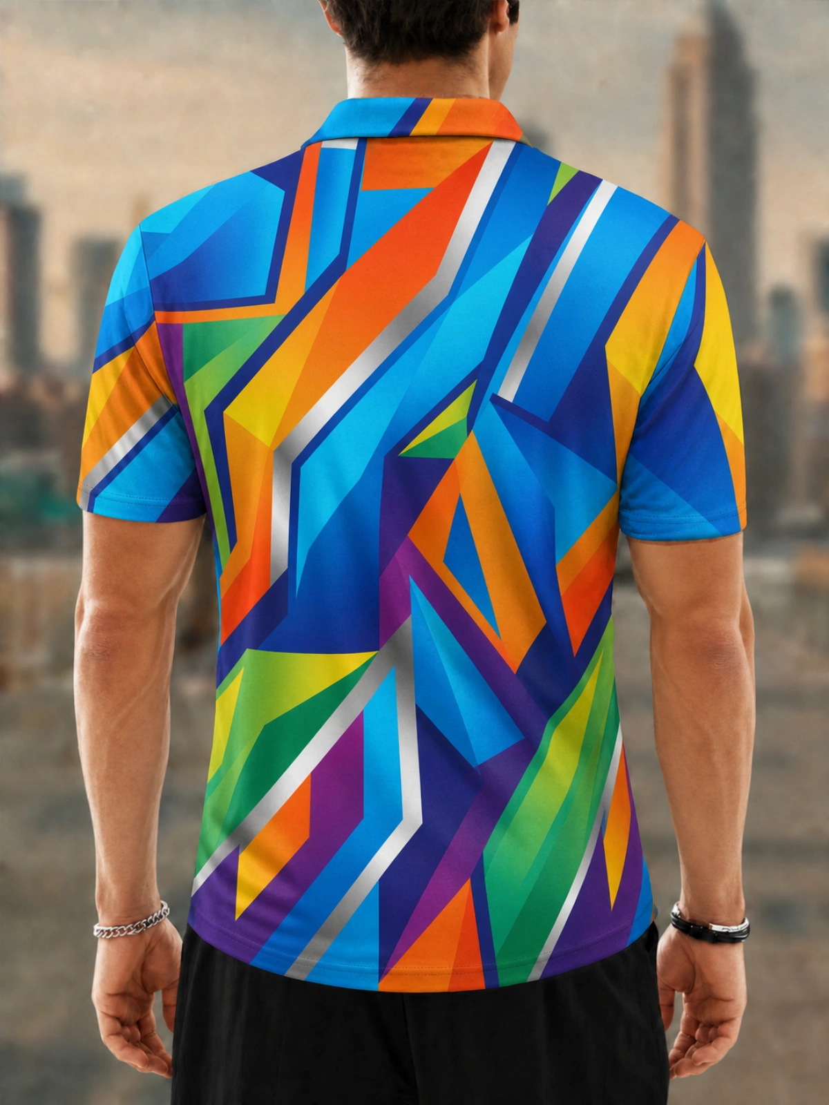 Moisture Wicking Golf Polo 3D Rainbow Silver Angular Geometric Button Short Sleeve Golf Polo Shirt
