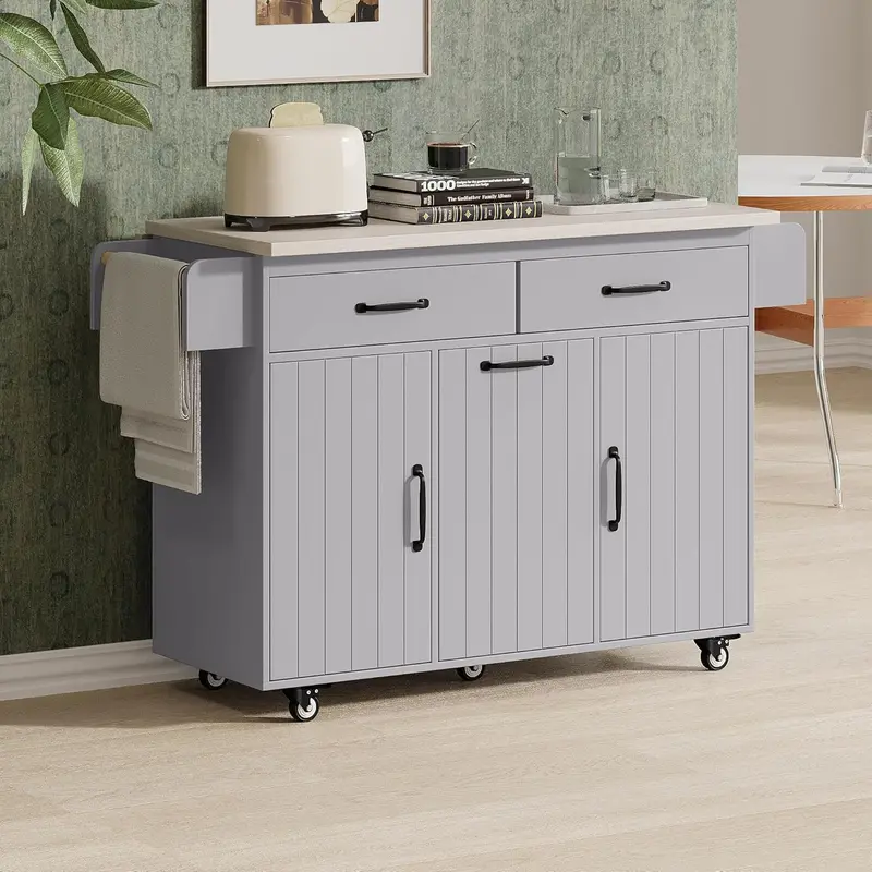 White Rolling Kitchen Island – Foldable Trolley with Trash Bin Compartment, Towel Rack, Drawers & Adjustable Shelves