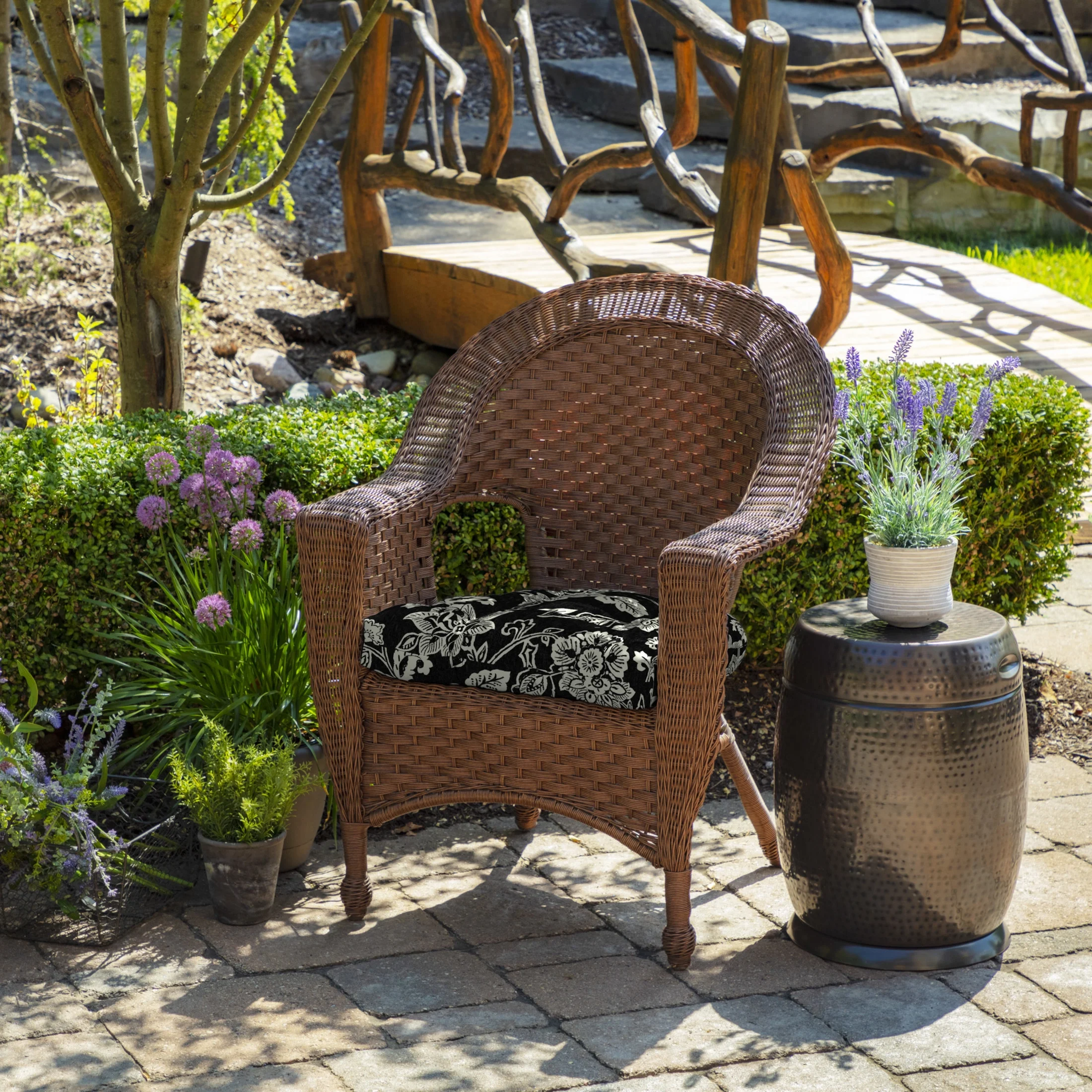 Arden Selections Outdoor Wicker Chair Cushion, 2 pack, 20 x 18, Tufted Plush Cushion for Wicker and Rocking Chairs 18 x 20, Ashland Black Jacobean