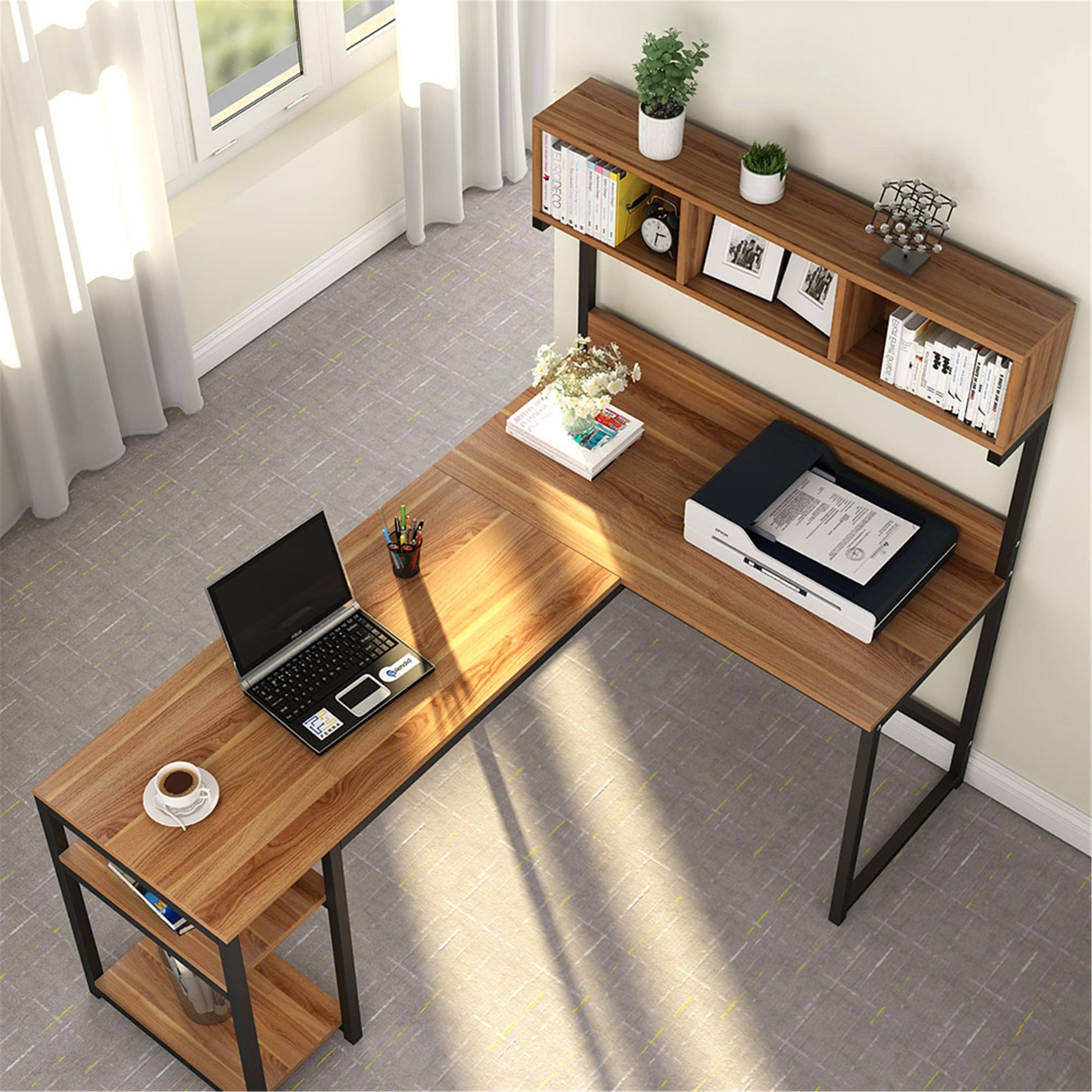 LShaped Computer Desk with Hutch Shelves, Writing Desk - Brown