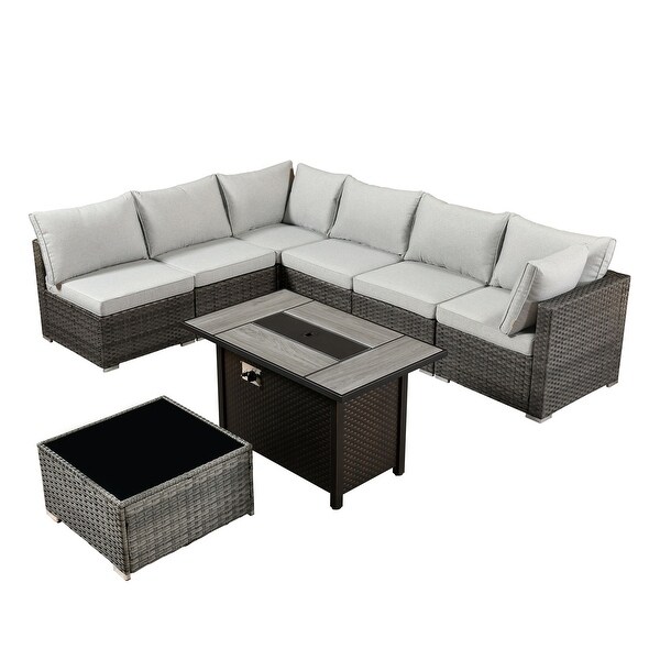 HOOOWOOO 8piece Patio Furniture Set Wicker Sectional Sofa with Fire Pit Table