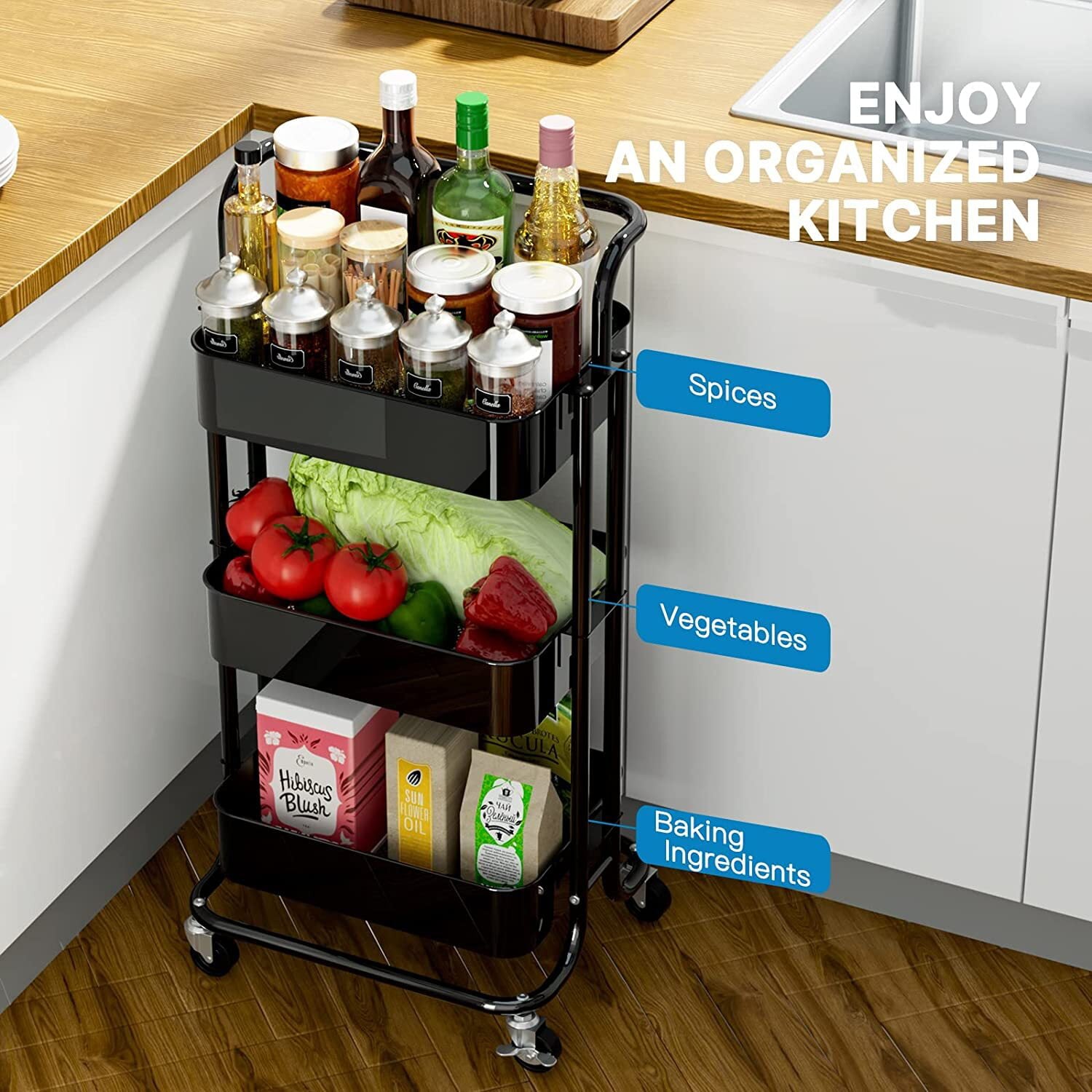 Techvida 3-Tier Rolling Utility Cart, Multifunctional Metal Rolling Utility Cart for Home Office Kitchen, Black