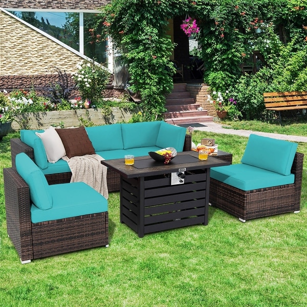 Gymax 7PCS Patio Rattan Furniture Set 42'' Fire Pit Table w/ Cover