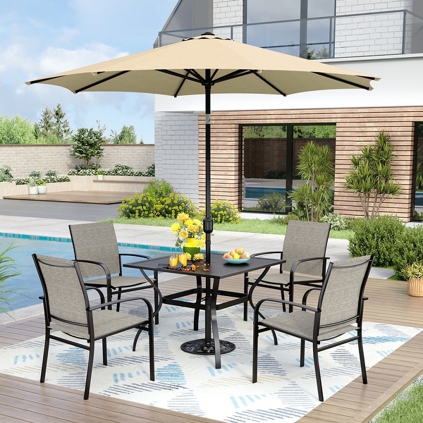 MAISON ARTS 6Piece Patio Dining Set,37 Inch Square Metal Table and 4 Textilene Dining Chairs with 9ft Patio Umbrella