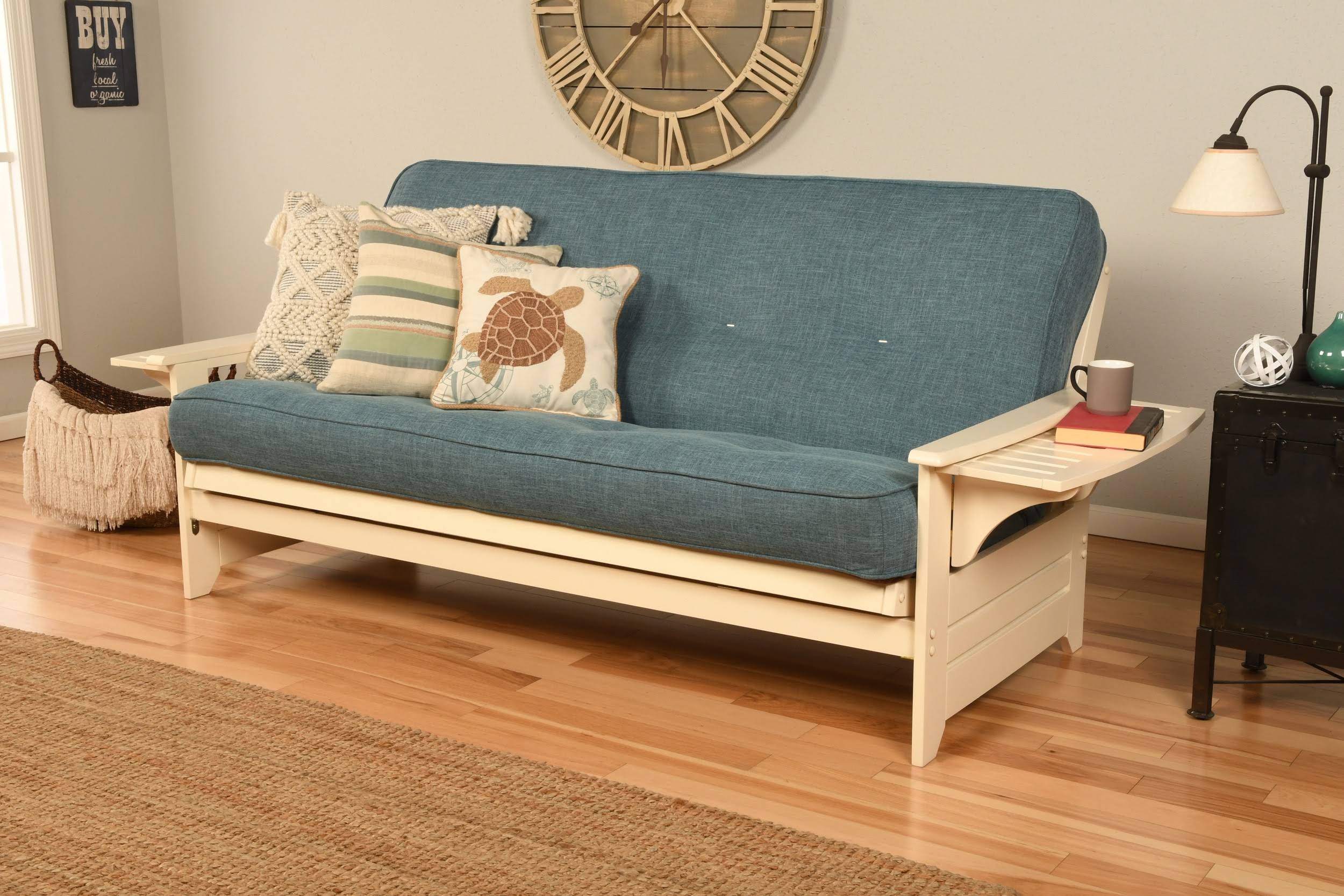 Kodiak Furniture Phoenix Futon with Linen Fabric Mattress in White/Aqua Blue - KFPHAWLAQULF5MD3