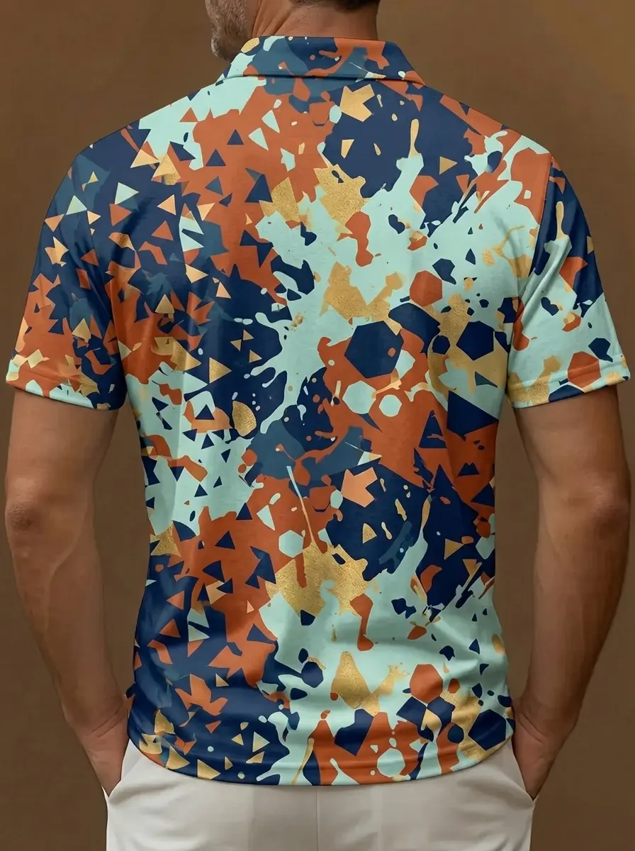 Navy Blue Orange Gold Camo Geometric Print Short Sleeve Golf Polo Shirt