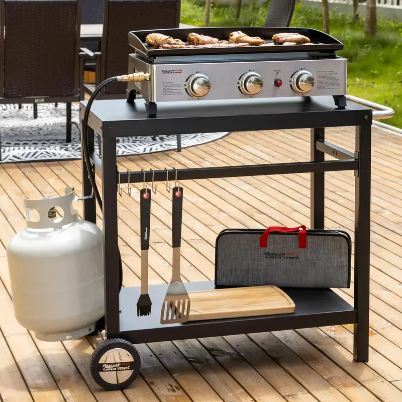 Royal Gourmet Stainless Steel Dining Cart – Double-Shelf Grill Station with Hooks, Side Handle & Flattop Surface (Model PC3401B, Black)