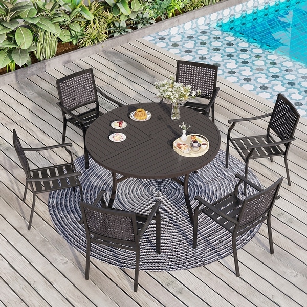 7Piece Patio Dining Set ,Large Round Dining Table with Umbrella Hole and Metal Swivel Dining Chairs