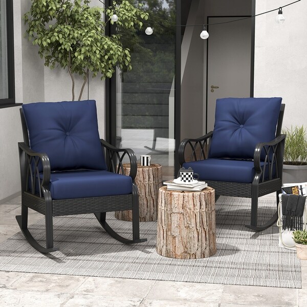 Outsunny 2 Piece Outdoor Wicker Rocking Chairs with Padded Cushions,Aluminum Furniture Rattan Porch Rocker Chairs w/ Armrest