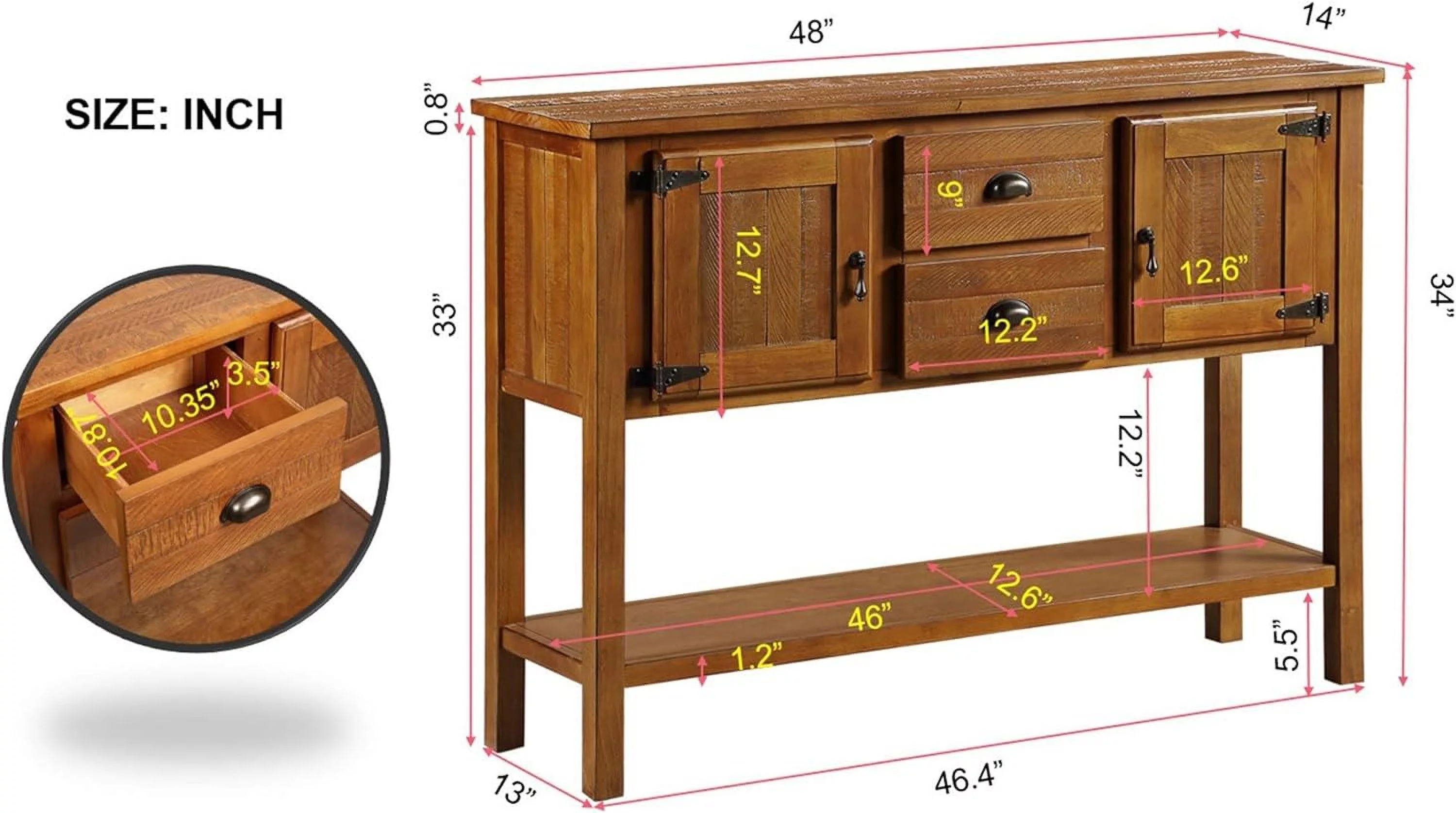 Inch Console Table With 2 Drawers And Cabinets And Bottom Shelf, Solid Wood Sideboard Storage Dining Buffet Server Cabinet For Living Room Kitchen Dining Room(Brown)