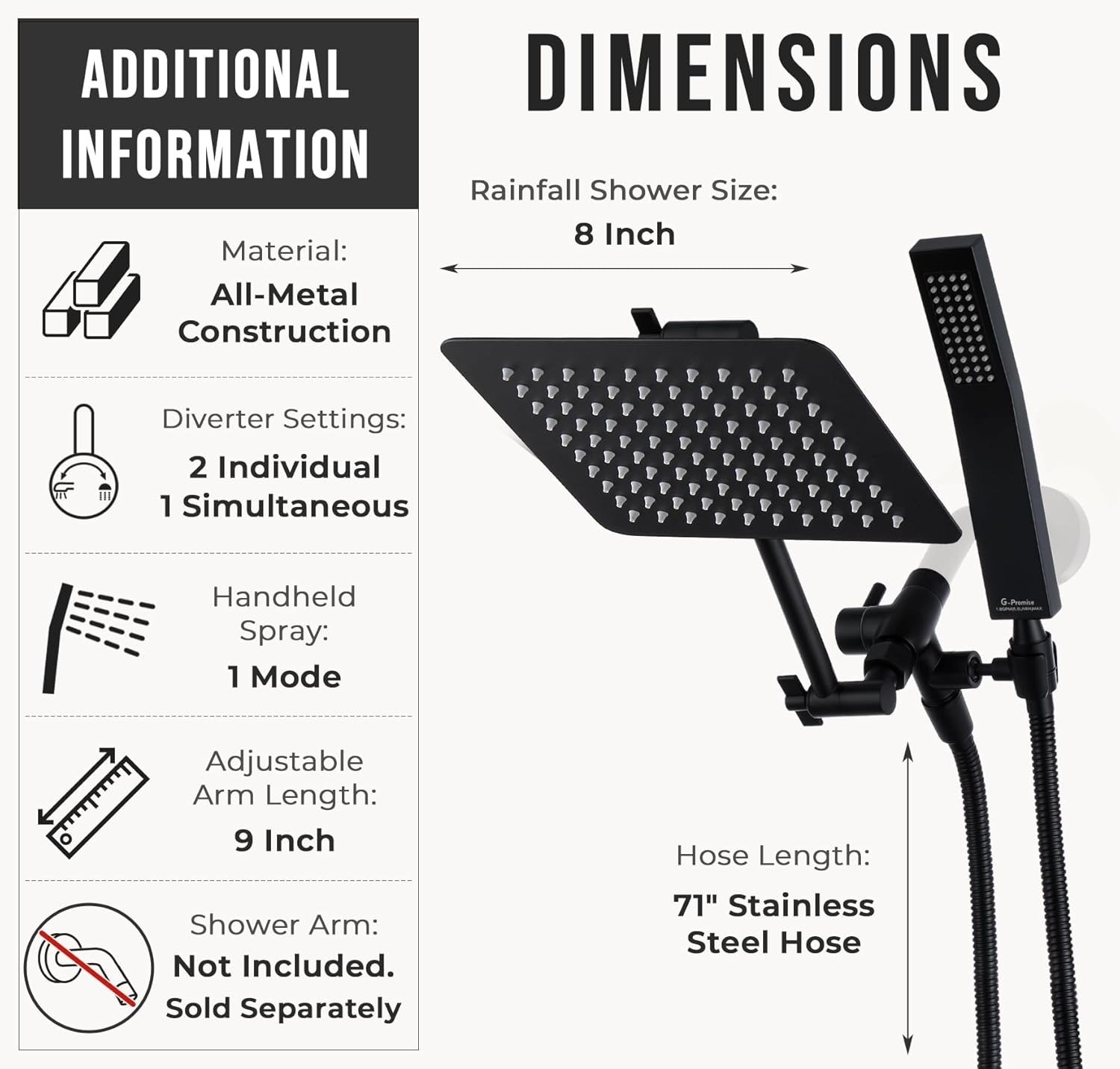8-Inch Square Dual Shower Head Combo, All-Metal Handheld with Adjustable Extension Arm (Matte Black)