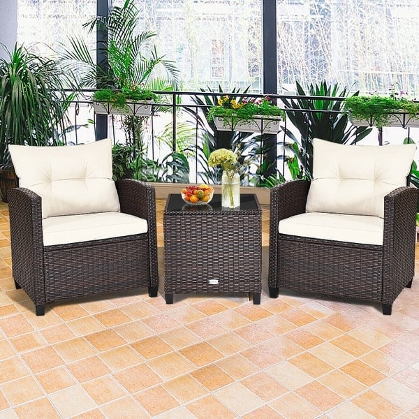 3 Pieces Rattan Patio Furniture Set with Washable Cushion