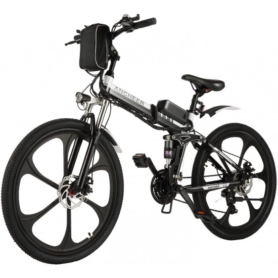 Electric Bike Folding Electric Commuting Bike/Mountain Bike with 26″ Magnesium Alloy Integrated Wheel, Premium Front and Rear Suspension and 21 Speed Gears