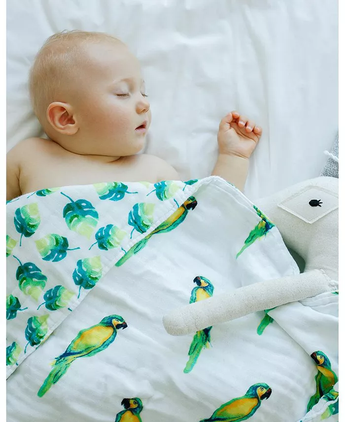 Malabar Baby Certified Organic Muslin Four-Layer Reversible All Season Snug Blanket, Parrot