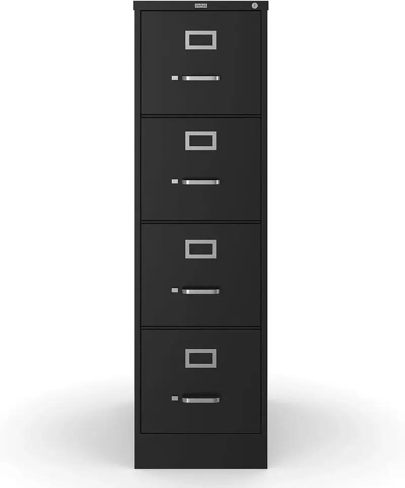 STAPLES 4-Drawer Lockable File Cabinet – Black, 25″ Depth x 15″ Width